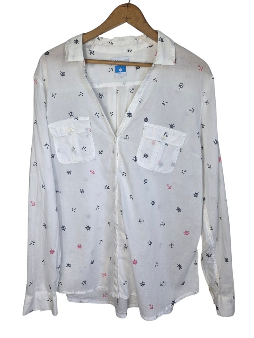 Columbia PFG Nautical Anchor Ship Wheel White Button Up Shirt, Size XL